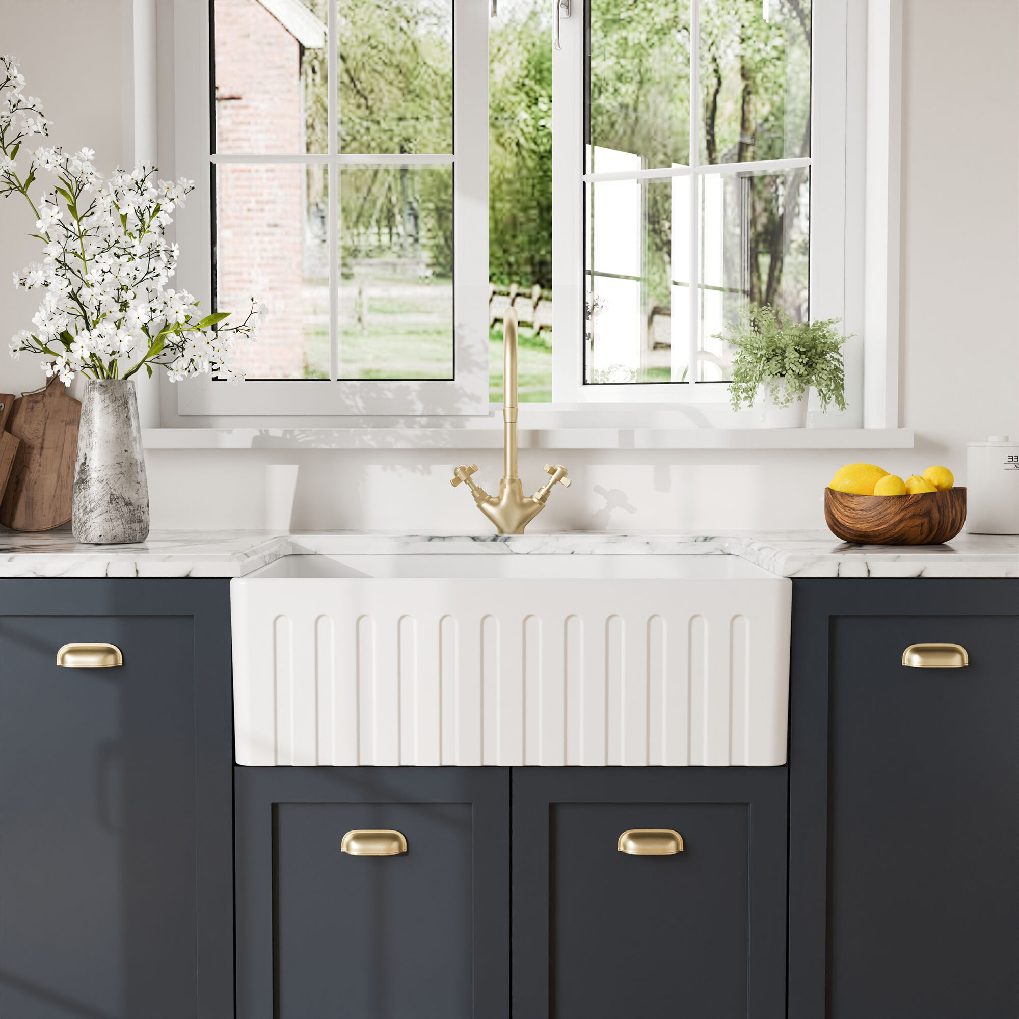 Valquest 30" Fluted Butler Apron Front Fireclay Single Bowl Kitchen Sink