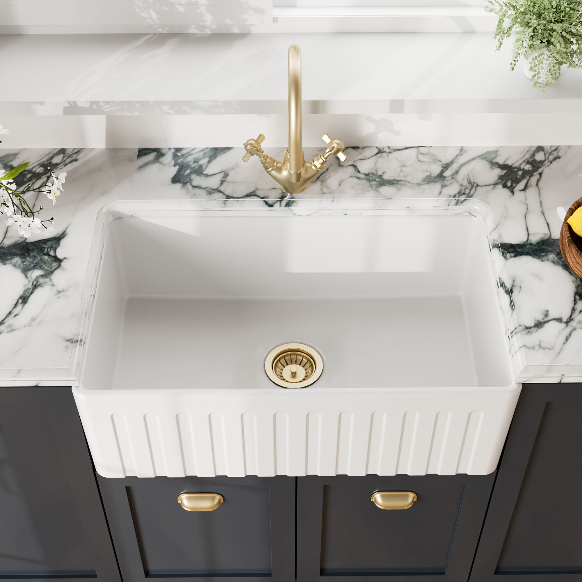 Valquest 30" Fluted Butler Apron Front Fireclay Single Bowl Kitchen Sink