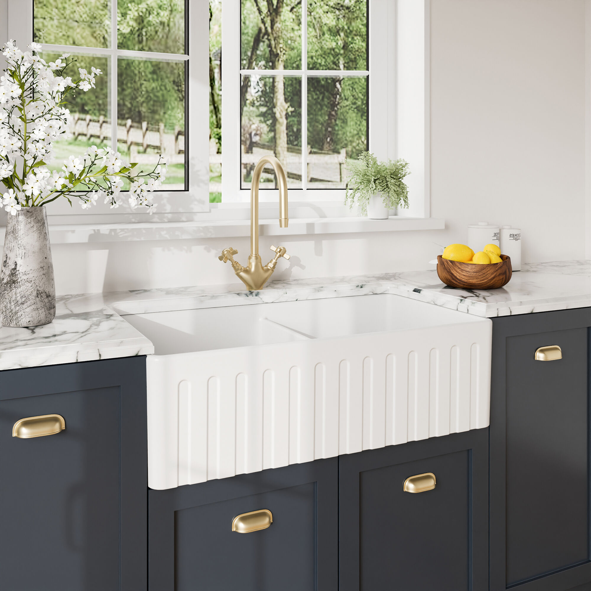 Valquest 33" Fluted Butler Apron Front Fireclay Double Bowl Kitchen Sink