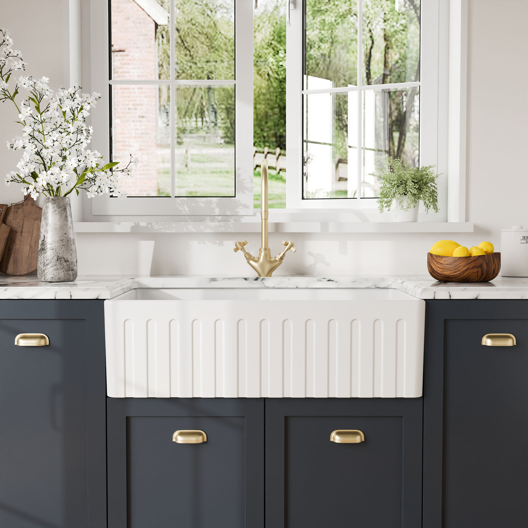 Valquest 33" Fluted Butler Apron Front Fireclay Double Bowl Kitchen Sink