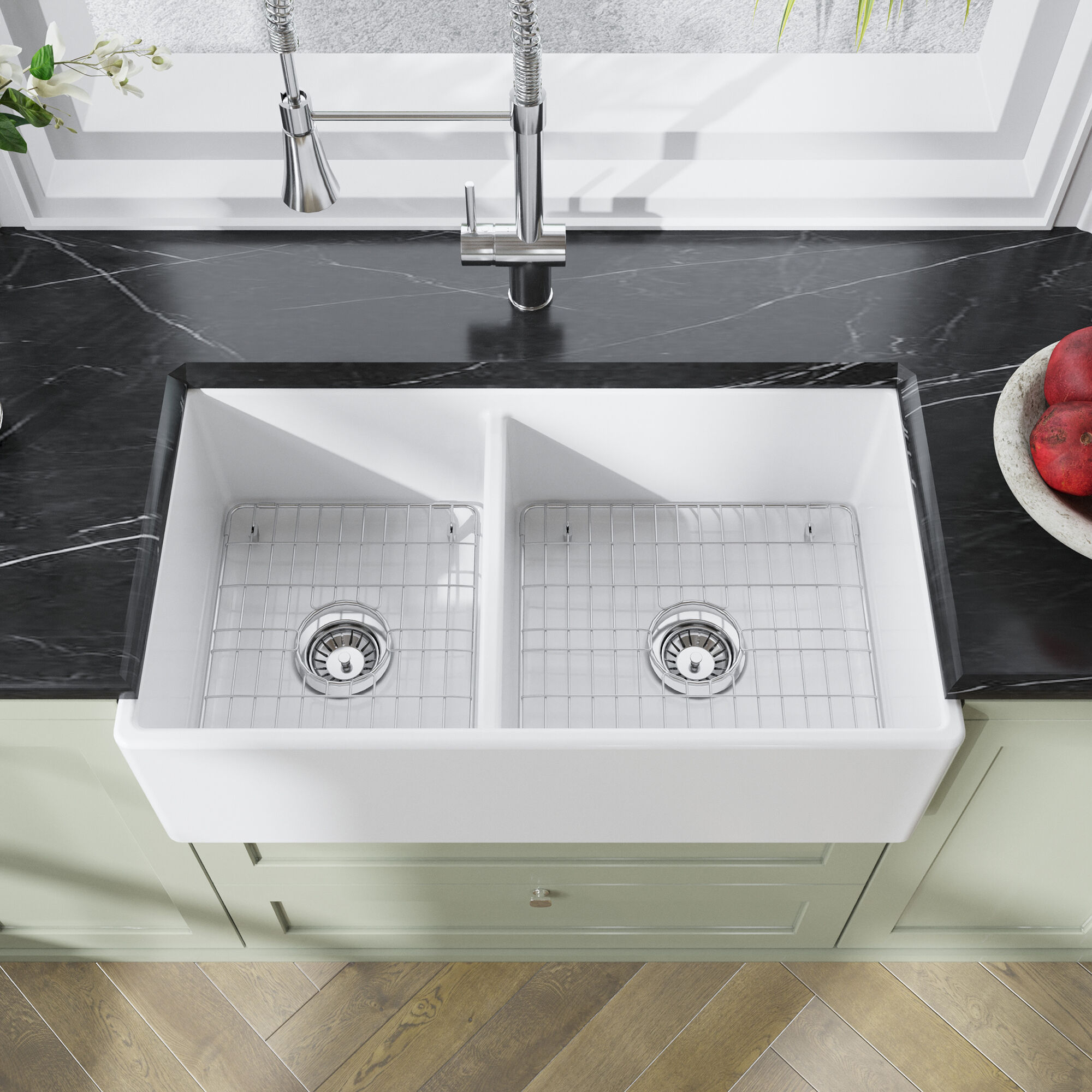 Valquest 33" Belfast Apron Front Fireclay Double Bowl Kitchen Sink